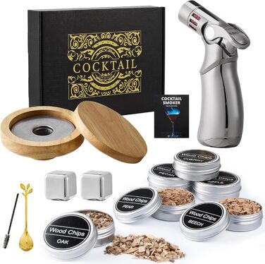 Набір для копчення віскі – Old Fashioned Cocktail, 6 дерев'яних чіпсів, 4 гранітні камені для віскі, запальничка та аксесуари для любителів віскі та коктейлів (без бутану), гранітні камені з нержавіючої сталі