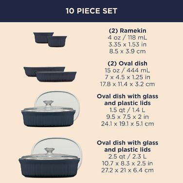 Керамічний набір для запікання CorningWare з кришками, 10 предметів, жароміцний і стійкий до тріщин, можна використовувати в мікрохвильовці, духовці, посудомийній машині, холодильнику та морозильнику, колір French Navy