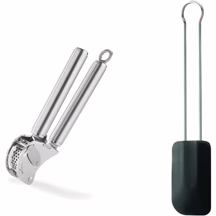 RÖSLE Ginger and Garlic Press in Professional Quality, with Folding Strainer, Stainless Steel 18/10, Dishwasher Safe (Garlic Press with Scraper, Bundle with Dough Scraper)
