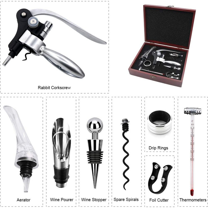 SumDirect Corkscrew, Wine Opener Set, Manual Wine Opener Kit, Zinc Alloy Handle Corkscrew, Deluxe Wine Opener Accessories with 9 Pieces, Elegant Design Set with Dark Cherry Wood Box