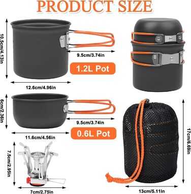 Набір посуду для кемпінгу Biliple 8-piece: каструля, сковорідка, газовa плитка, столові прибори для 1-2 осіб. Ідеально для пікніків, походів та кемпінгу.