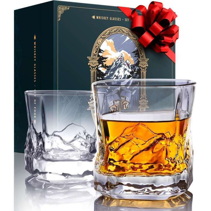 Набір склянок Everest Bourbon, 6 шт. у подарунковій коробці з тканиною, мотив: гори, стійкі до замерзання, 237 мл, вінтажні склянки для віскі, набір з 6 шт., подарунок для любителів віскі (червона подарункова коробка з тканиною, набір з 2)