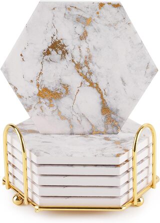 Marble-Style Coasters, Set of 6 - Drink Coasters for Wood Table with Metal Holder - Golden Ceramic Cup Set - Rustic Home Decor, Room Decor, Party