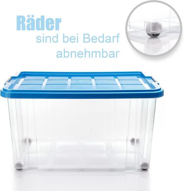 BigDean 4-Piece 60L Storage Boxes with Lid Large Steel - Stackable, Robust Box BPA-Free - Rollable Storage Box with Secure Click Closures - Made in Germany (Blue)