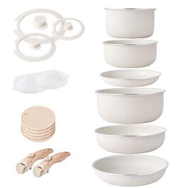 Набір посуду RIOVARM з індукційним дном: каструлі та сковороди з антипригарним гранітним покриттям та знімними ручками, кришки з силікону, бежевий колір