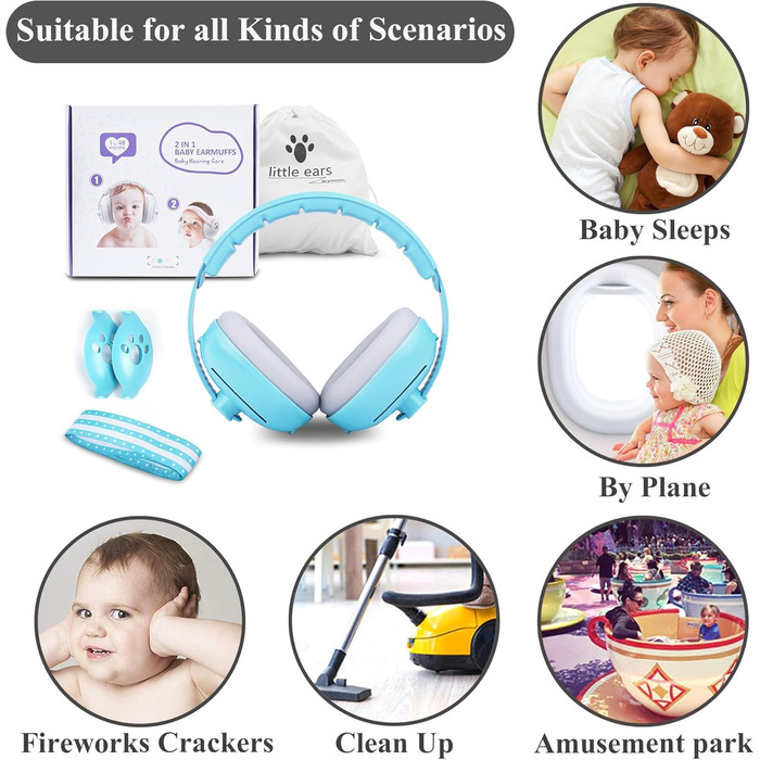 Навушники для захисту вух для дітей 0-4 роки, 2-в-1, захист від шуму 24dB, блакитні