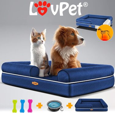 Ортопедичне ліжко для собак з подушкою та мискою, 3 іграшки, лежанка для собак маленьких, середніх та великих порід, знімний та пральний чохол, 106x80x22 см, Navyblau L (106 x 80 x 25 см) Navyblau