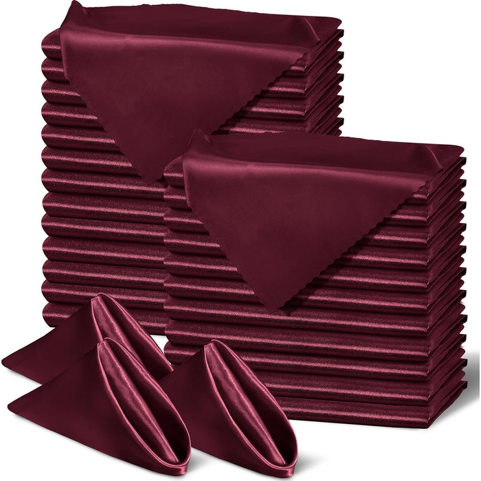 SiinvdaBZX 60-Piece Burgundy Cloth Napkins with Waved Edges, 16.8 x 16.8 inches (43.2 x 43.2 cm), Square Satin Napkins, Silky Soft Polyester, Restaurant, Decoration