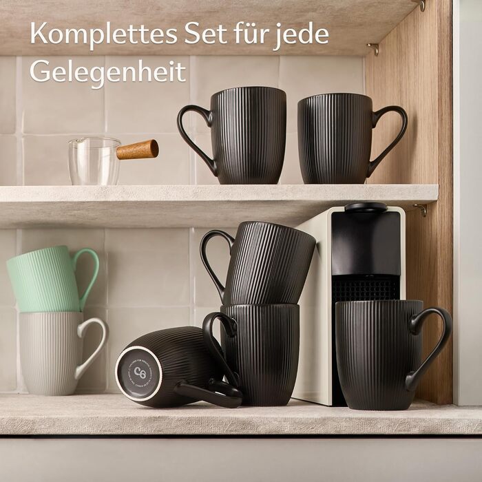 Coffee Mugs 6-Piece Set Modern Black - Unique Stripe Pattern - Matte Ceramic - Microwave Safe - Dishwasher Safe & Comfortable Handle