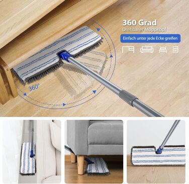 Myiosus Mop, Floor Wiper, Chenille Flat Mop with 4 Double-Sided Cleaning Pads, 127cm Mop with 360° Swivel Head, Microfiber Floor Wiper Set for Hardwood, Laminate, Tile, Includes 1 Scraper