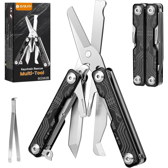Інструмент BIBURY 10-в-1: мультитул з кліпсою, розрізачем ременя та биттям скла - чорний