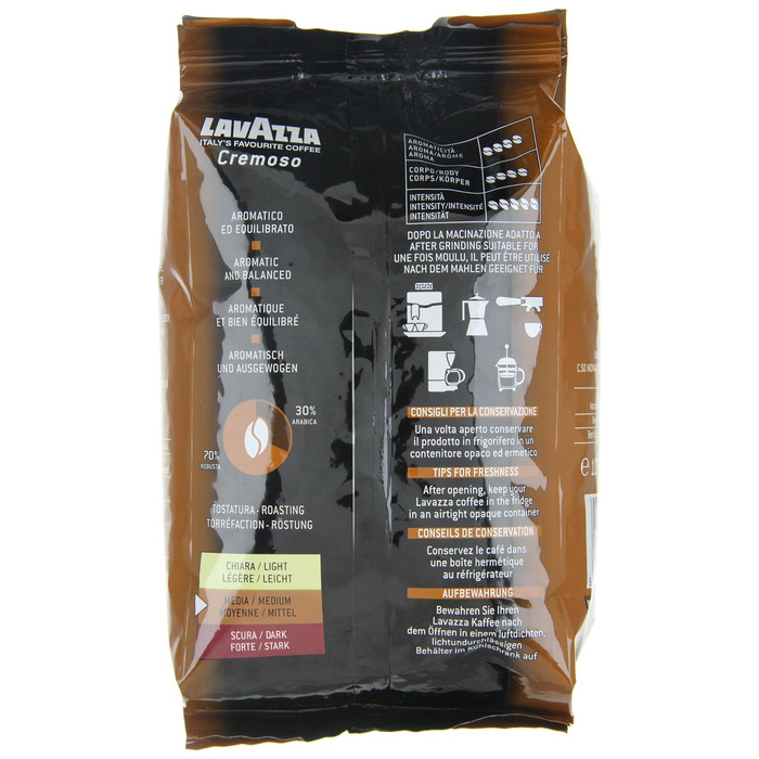 Кава в зернах Lavazza Cremoso, суміш Арабіки та Робусти, середній обсмал, ноти какао та спецій, інтенсивність 8/10, 1 кг