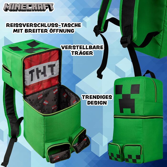 Дитячий рюкзак Minecraft Creeper для хлопчиків, шкільний рюкзак для спорту та прогулянок, зелений 3D, 46 x 21 x 18.5 см