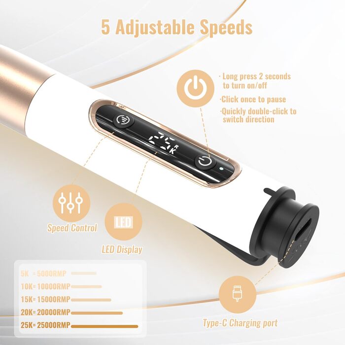 Електричний фрезер для нігтів Denabuty DN-2502Z (Golden) - 12 в 1, 25000 об/хв, USB, 5 швидкостей, манікюр/педикюр