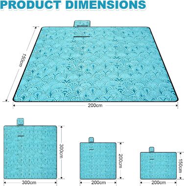 Плед для пікніка водонепроникний XXL (200x150 см) Pfauenblau для 4-6 осіб, пляжний килим для кемпінгу та походів з ручкою