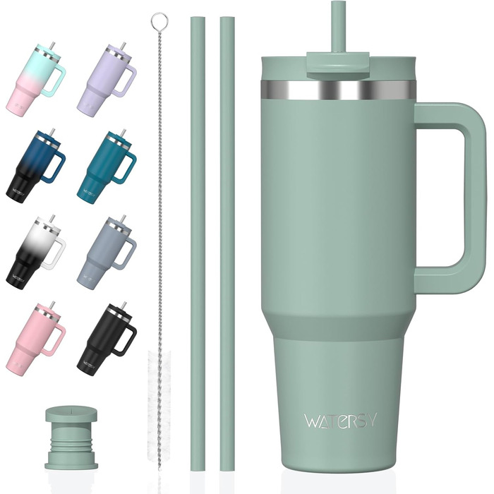 Термокружка WATERSY 1.2L з 2 трубочками, витокозахисний термос для кави To Go, вакуумна ізоляція, без BPA, ретро-зелений