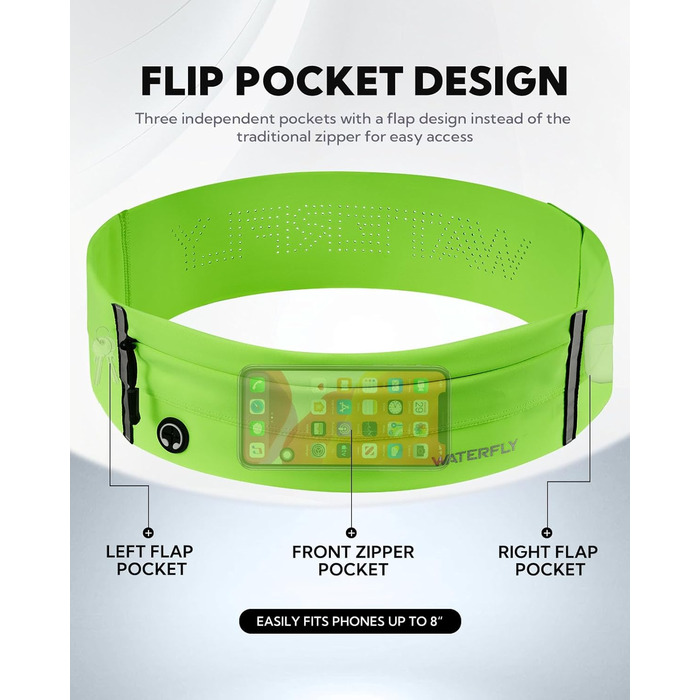Пояс для телефону WATERFLY: спортивний пояс-сумочка для бігу, джогінгу, фітнесу. Підходить для чоловіків та жінок (світло-зелений)