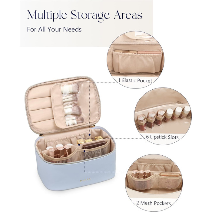 Велика косметичка для жінок, дорожня косметичка з водонепроникної шкіри, косметичний мішечок або сумочка для макіяжу з ручкою та знімним роздільником (Блакитна)