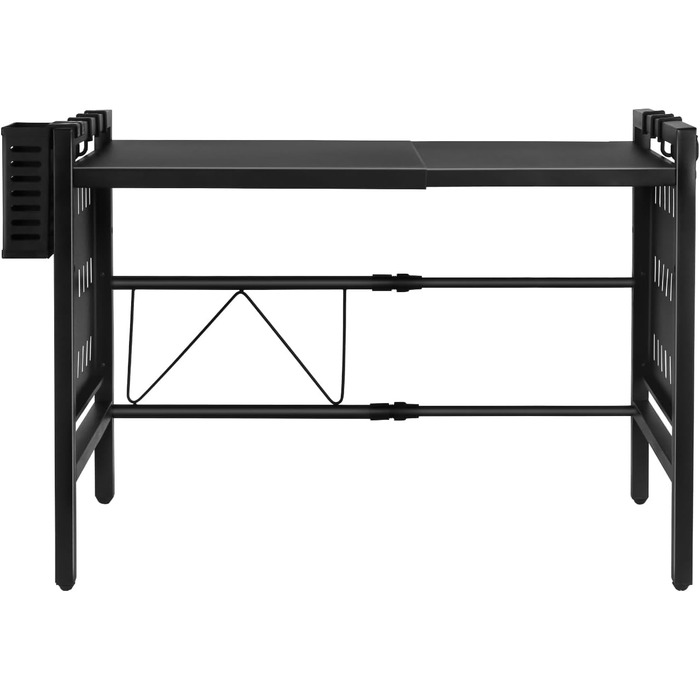 Поличка для мікрохвильової печі 3-рівнева, органайзер з гачками, розширювана, висувна (40-64см), з вуглецевої сталі (чорна, з перфорованим листком, 42-68*36*46см)