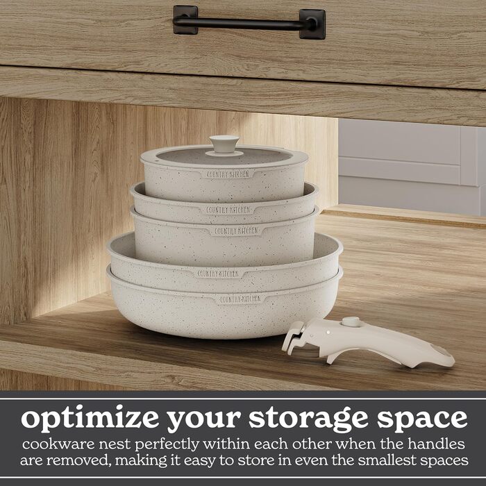Набір посуду Country Kitchen 13 предметів: каструлі та сковороди з антипригарним покриттям, знімний ручка, для кухні, кемпінгу, духовки (кремовий)