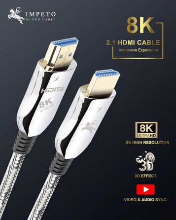 HDMI кабель Impeto Audiophile 8K 2.1 Glasfaser, 48Gbps, 1м, підтримка 8K 60Hz, 4K 120Hz, Dynamic HDR, 3D, сумісний з PS5, ноутбуками, TV, Blue ray