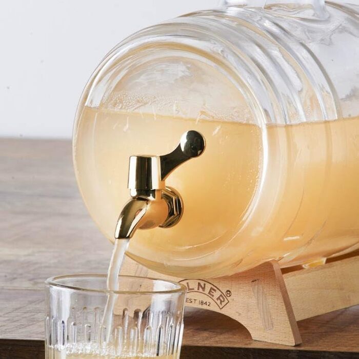 Kilner Drink Dispenser Barrel with Tap, Measuring Cup, and Wooden Stand, 3.5 Liters, Glass/Metal, Dimensions: 32 x 17 x 19.6 cm