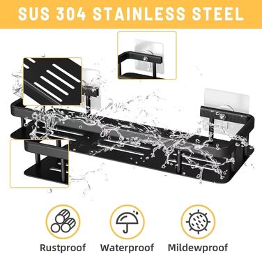 Полка для душу без свердління, 2 шт. Алюмінієва полиця для душу, нержавіюча сталь, кошик для душу з 6 клейкими поверхнями та 4 гачками, чорний колір. Підходить для ванної кімнати, кухні.