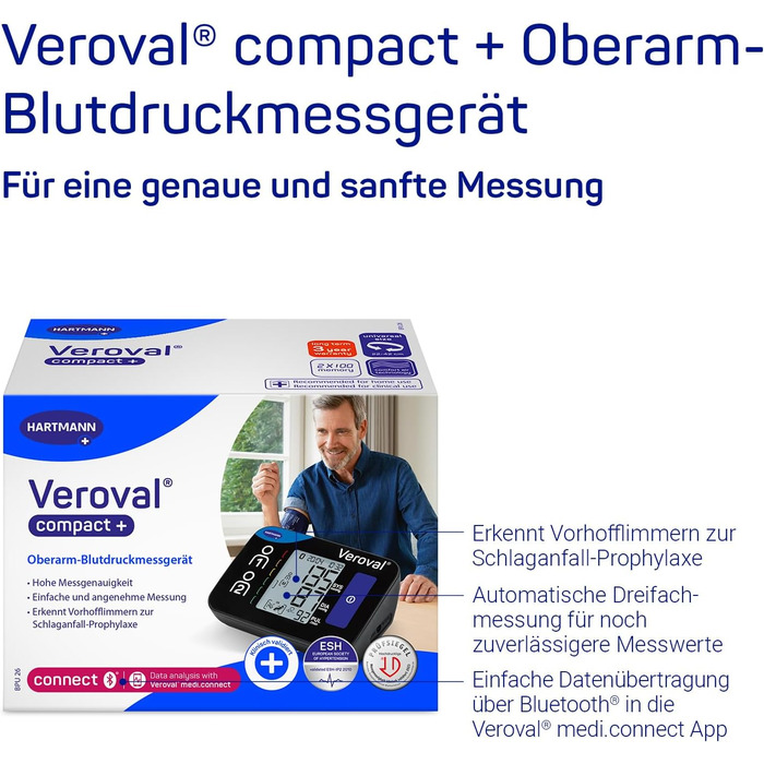 Veroval Compact + Тонометр на плечі BPU 26: виявлення фібриляції передсердь (AFib), передача даних у додаток, Bluetooth