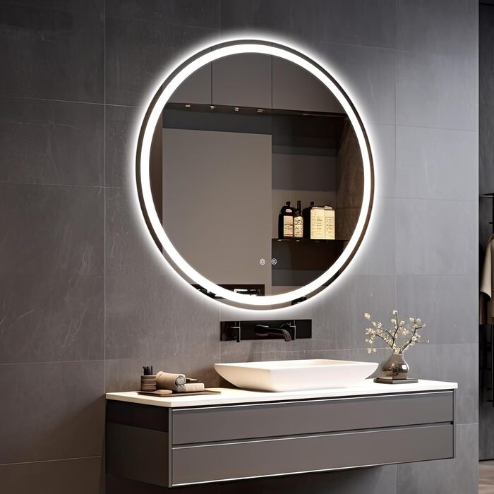 Круглий дзеркало для ванної кімнати Clevich з підсвічуванням, 80 см, сенсорне управління, протитуманне покриття, 3 кольори світла, регулювання яскравості
