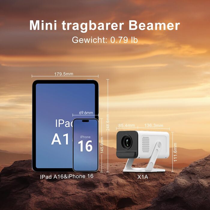 Портативний проєктор ZDSSY Beamer 4K з Wi-Fi 6 та Bluetooth 5.4: міні проєктор для домашнього кіно, автоматичне коригування та ручне фокусування, сумісний з PC/TV Stick/USB/PS5 (білий)
