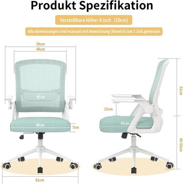 Офісний стіл Naspiro Ergonomischer Bürostuhl, регульований по висоті, з дихаючою спинкою з сітки, відкидні підлокітники на 90° та поперекова підтримка, високощільна піна для дому/офісу (Зелений, без підголівника)