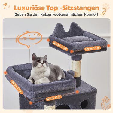 Дерев'яний комплекс для котів Taoqimiao MS026W (темно-сірий, 146 см) з будиночками, гамаком та 8 стовпчиками для шліфування кігтів