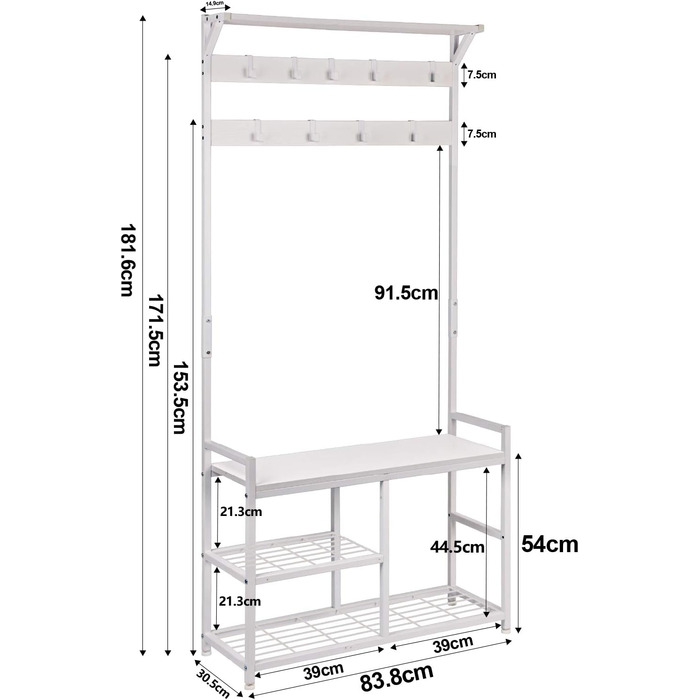 Leader Accessories Coat Rack with Bench Metal Coat Rack Rustic Clothes Rack 182x30x84cm (H x W x D) White