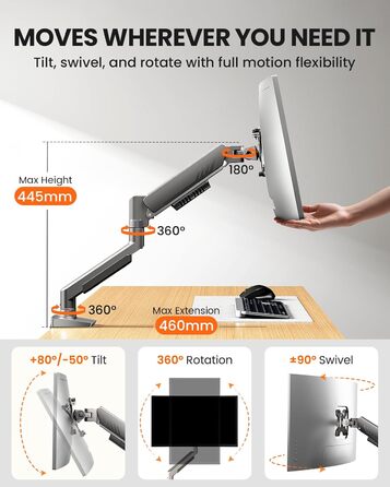 Кріплення для монітора ErGear: регульований кронштейн для моніторів 13-34 дюймів, підставка з кабельною організацією, VESA 75/100 мм, до 9 кг (срібний)