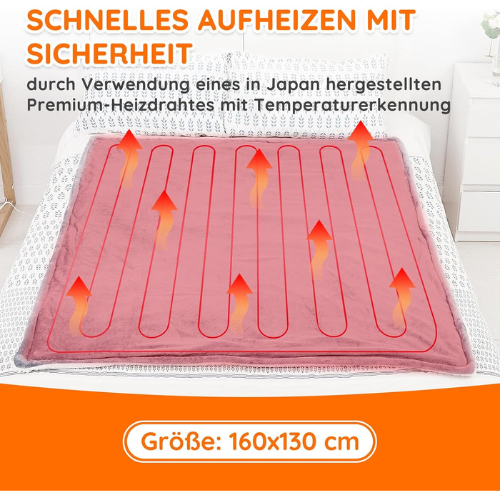 Електрична ковдра Mia&Coco з автовимкненням, 10 температурних режимів, таймер до 9 годин, захист від перегріву, фланель, 130x160 см, сіра