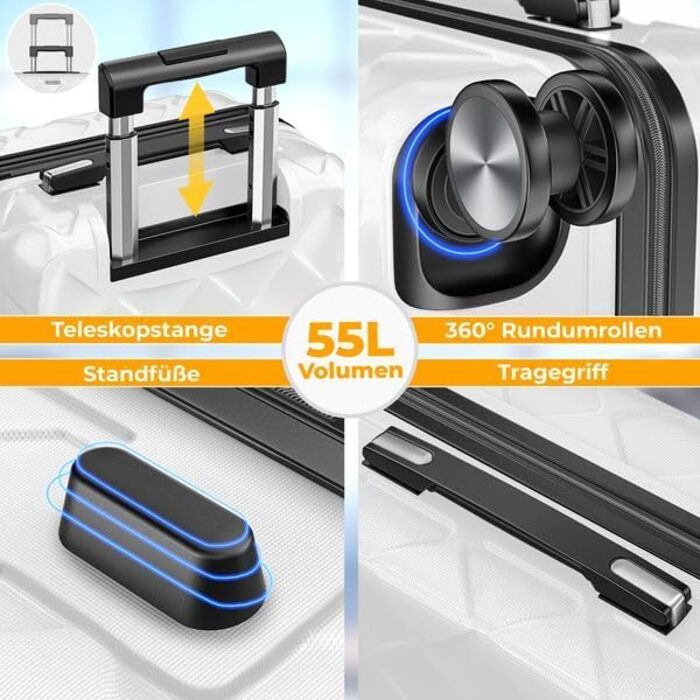 Валіза KESSER® 120L з ABS-пластику з кодовим замком, вагами та органайзером, 360° обертання, для подорожей та бізнесу, телескопічна ручка, білий (55см)