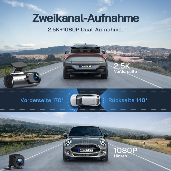 WOLFANG Dashcam Auto Передній та Задній 4K WiFi відеореєстратор з 32GB SD карткою, Ultra нічне бачення, 170° широкий кут огляду, WDR, 24 год. режим паркування, G-сенсор, циклічна запис