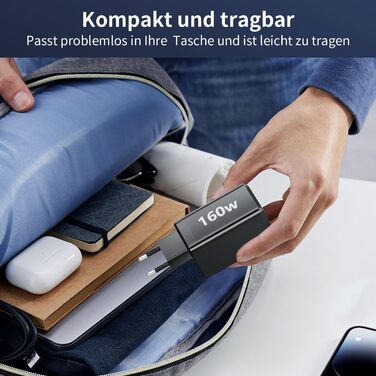 Зарядний пристрій USB-C 160W GaN: Швидка зарядка PPS, 3 порти для MacBook Pro/Air, iPad, iPhone 16/15/14 - Чорний