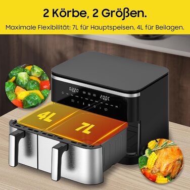 Фритюрниця повітряна подвійна 11л Airfryer, XXL фритюрниця з 2 кошиками, 7л/4л, для основного та гарніру одночасно, 2600W, 10 програм, сенсорний екран, нагадування про струшування