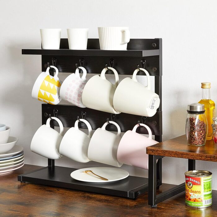 Vintage Mug Holder with 8 Hooks, Coffee Cup Holder for Kitchen Countertop, Cup Rack with Storage Base, for Kitchen Dining Room Cafe 40 x 15 x 40 cm, TBJ002H (with Shelf, Black)