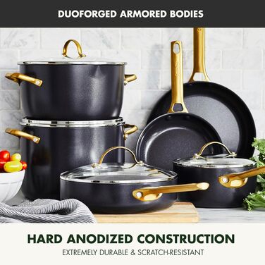 GreenPan Reserve Harteloxierte healthy ceramic non-stick coating, 10-piece cookware set, pots and pans set, gold-colored handle, PFAS-free, dishwasher safe, oven safe, black