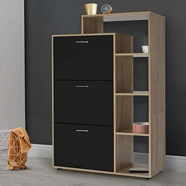 Shoe cabinet KLARK for 18 pairs, beechwood imitation finish, 3 black doors with shelf