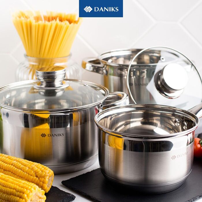 Набір каструль Daniks Standard, 6 шт., нержавіюча сталь, індукційне дно, склокришки, 16/18/20 см, для супу/макаронів/пасти, сріблястий