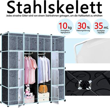 NAIZY Wardrobe Black DIY Plastic Shelf System Closet Organizer, Plug-in Shelf System with Door, Plastic Closet (16 Cubes, with 2 Clothes Rods)
