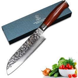 Кухонний ніж Santoku YARENH 18 см з дамаської сталі 73 шари, гострий, дерев'яна ручка, серія HTT