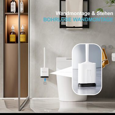 Набір для чищення унітазу Waretary з силіконовою щіткою та підставкою з нержавіючої сталі, гнучкий наконечник для глибокого очищення, швидковисихаючий, настінний/підлоговий для ванної кімнати (білий)