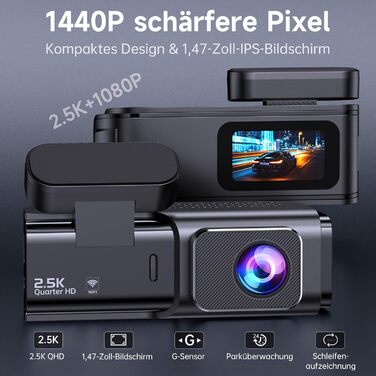 Автомобільний відеореєстратор Dashcam Dual 2.5K + 1080P з WiFi, 32GB SD-картою, ширококутним об'єктивом 170°, нічним баченням та датчиком удару G-сенсором, чорний