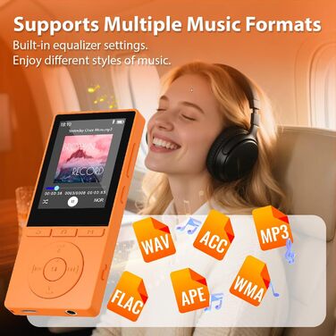 MP3 плеєр 64GB Bluetooth 5.3 з динаміком, HiFi звук, диктофон, E-book, підтримка TF карти 128GB (Помаранчевий)