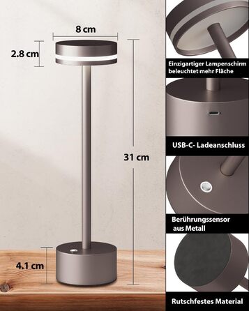 LED настільна лампа з акумулятором, бездротова, з торшером, сенсорне керування, алюмінієвий корпус, 3 режими димування, 4000mAh, 3000K, для обіднього столу, вітальні (срібна)