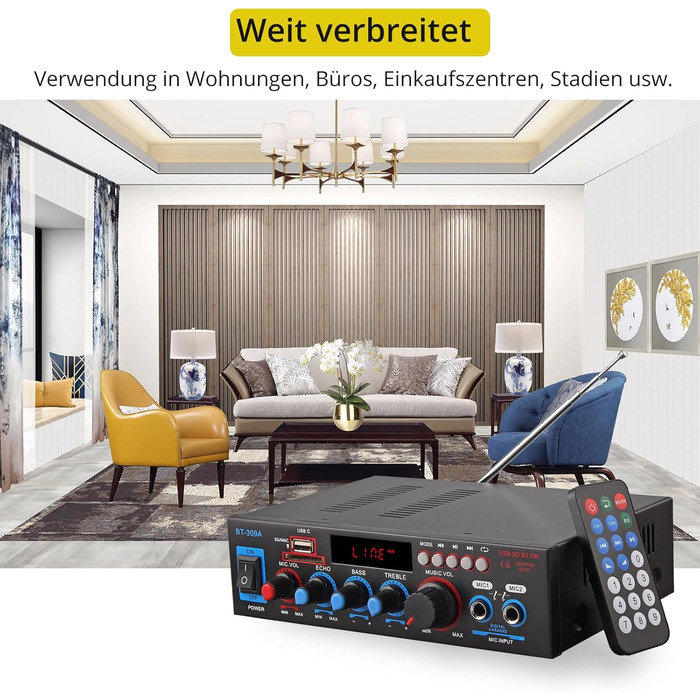 Bluetooth підсилювач PROZOR HiFi Stereo 2-канальний 40Вт+40Вт, 12V/220V, для авто та дому, з FM-радіо, аудіо-ампліфікатор BT-309A